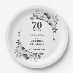 Modern Platinum 70th Wedding Anniversary Botanical Paper Plates