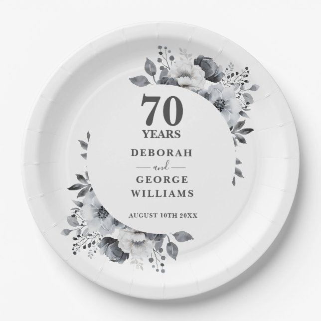 Modern Platinum 70th Wedding Anniversary Botanical Paper Plates (Front)
