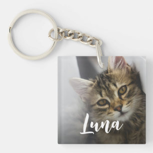 Modern Playful Chic Cat Photo Name Keychain