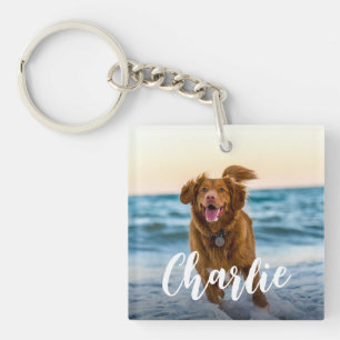 Modern Playful Chic Dog Photo Name Keychain