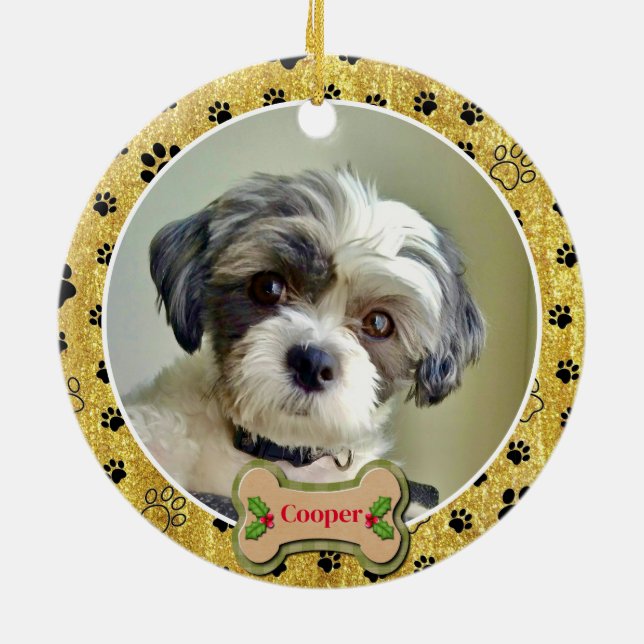Modern Playful Simple Photo Dog - Paw Print Design Ceramic Ornament (Back)