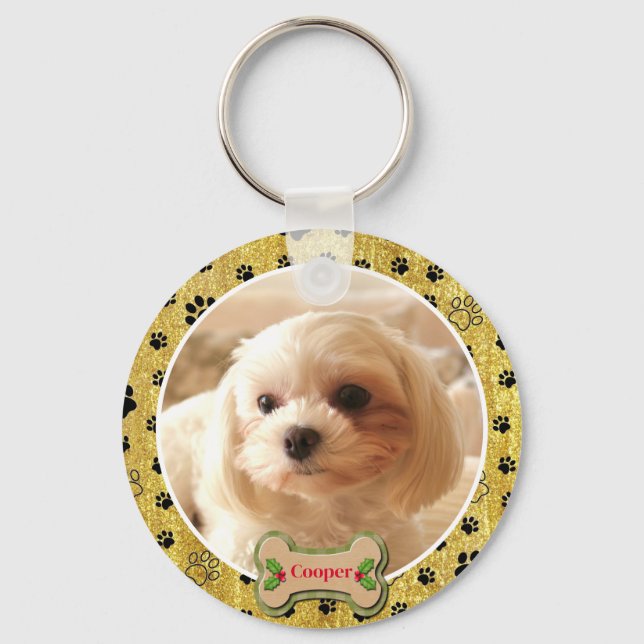 Modern Playful Simple Photo Dog - Paw Print Design Keychain (Front)