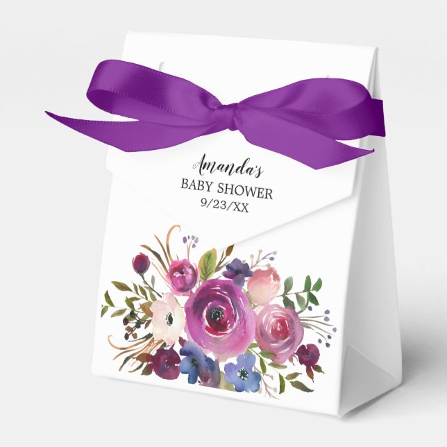Modern Plum Blue Flowers Baby  Shower Favor Box (Front Side)
