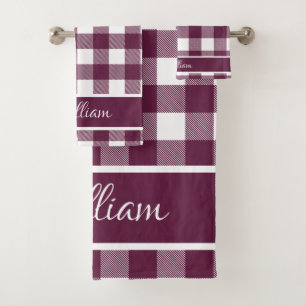 Modern Plum Burgundy Buffalo Checks Script Name Bath Towel Set