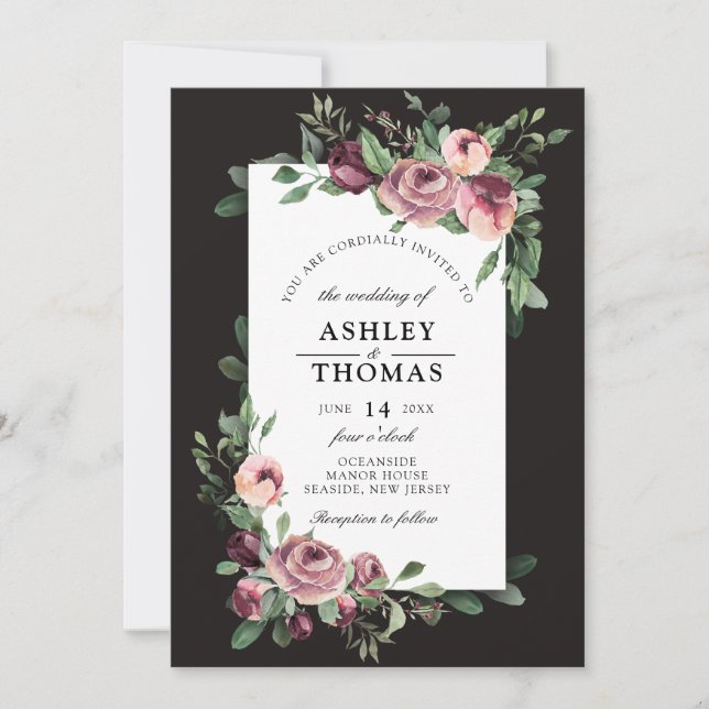 Modern Plum Floral Greenery Watercolor Wedding Invitation (Front)