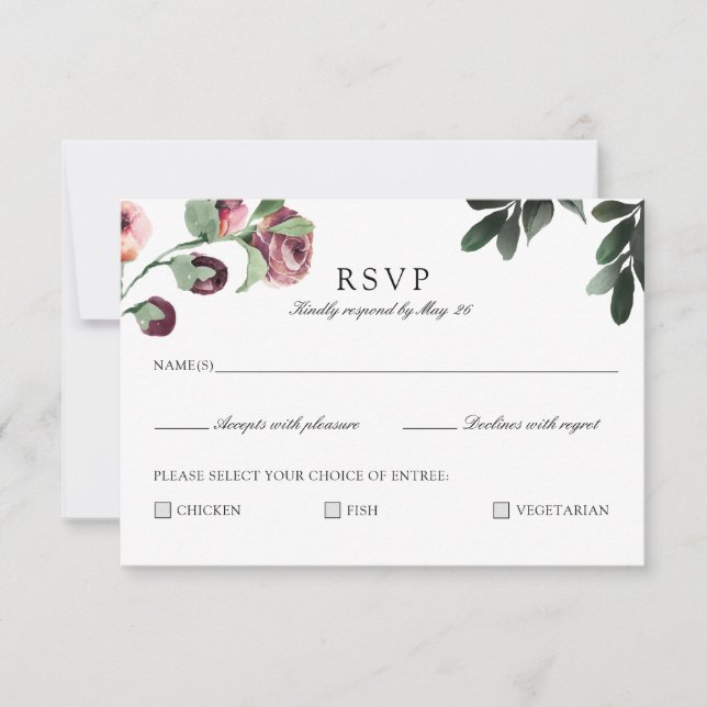Modern Plum Floral RSVP Card with Meal Choice (Front)
