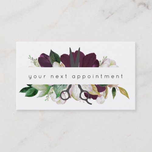 Modern Plum Floral Salon Scissors Logo Appointment Business Card