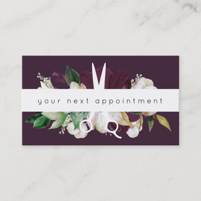 Modern Plum Floral Salon Scissors Logo Appointment Business Card (Front)