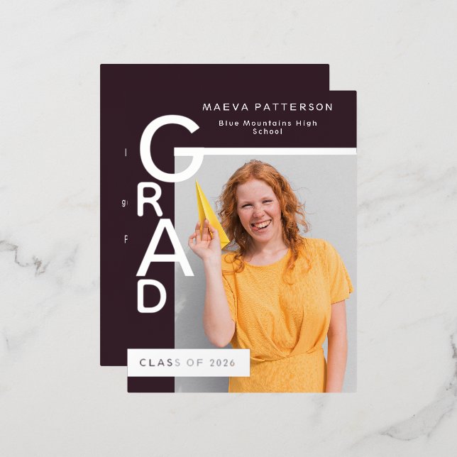 Modern Plum Graduation Party Invitation Silver (Front/Back)