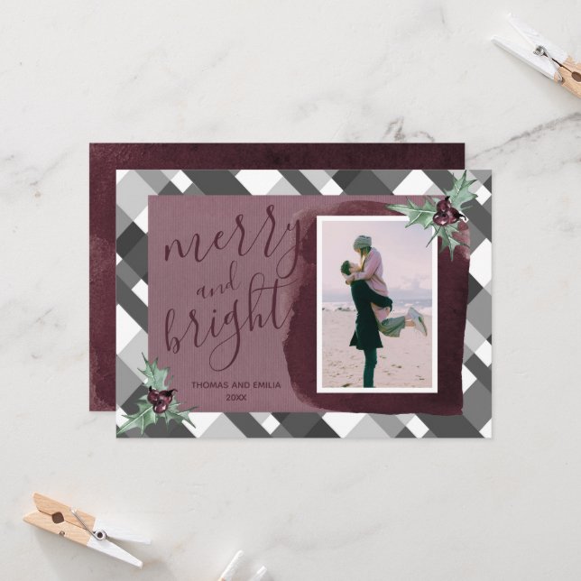 Modern Plum Gray Tartan Photo Family Christmas Card (Front/Back In Situ)