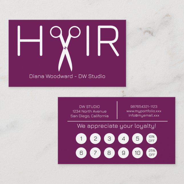 Modern Plum Hairdresser Flat Loyalty Card (Front/Back)