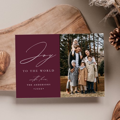 Modern Plum Joy to the World Photo Holiday Card
