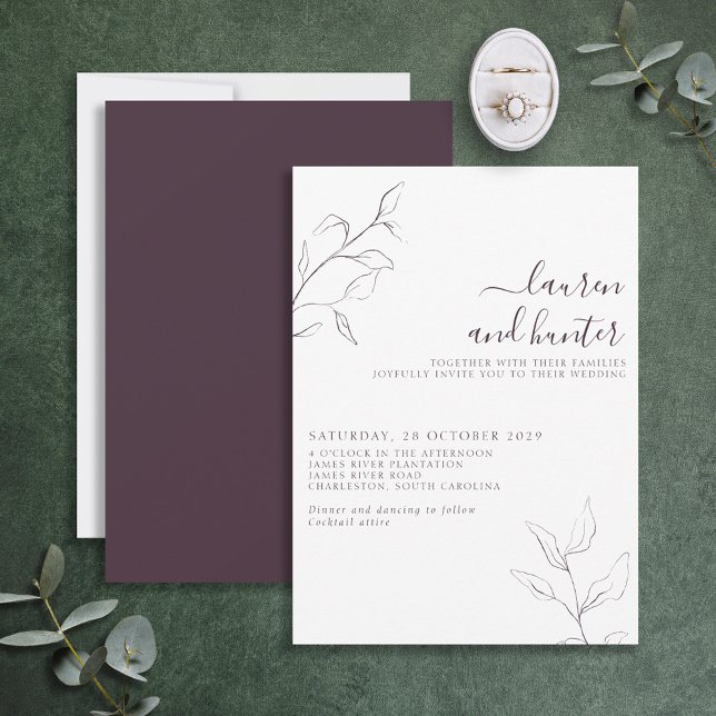 Modern Plum Purple Floral Botanical Script Wedding Invitation (Creator Uploaded)