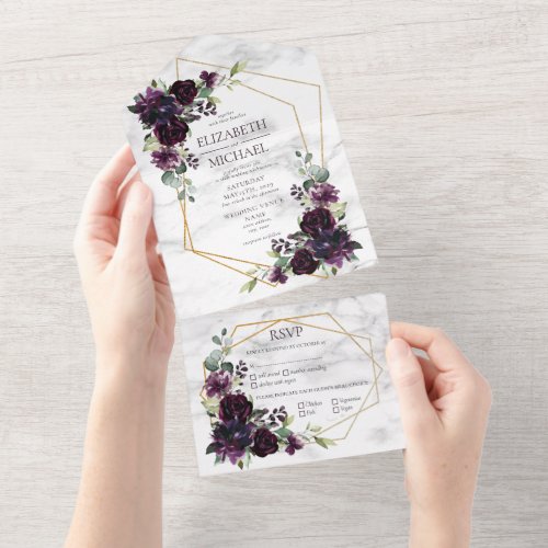 Modern Plum Purple Geometric Marble Floral Wedding All In One Invitation