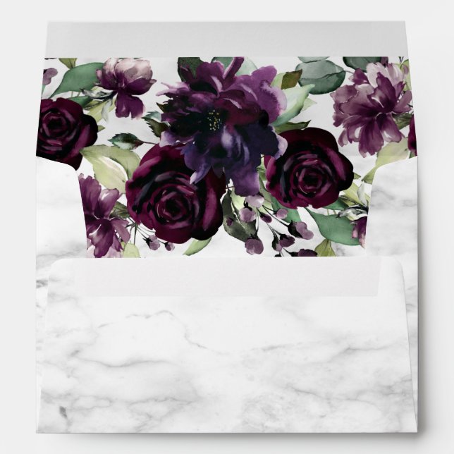 Modern Plum Purple Geometric Marble Floral Wedding Envelope (Back (Bottom))