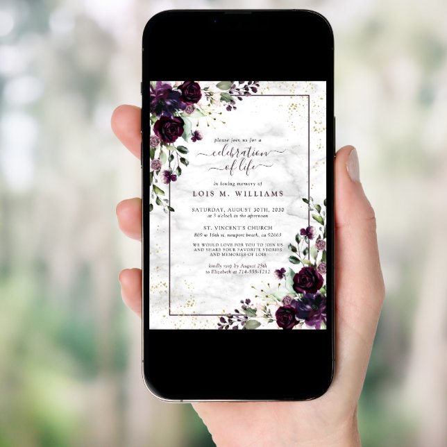 Modern Plum Purple Gold Marble Celebration of Life Invitation (Front Digital)