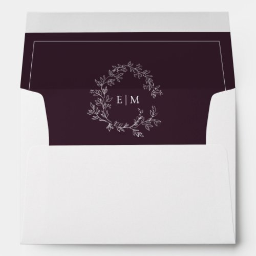 Modern Plum Purple Leafy Crest Monogram Wedding Envelope
