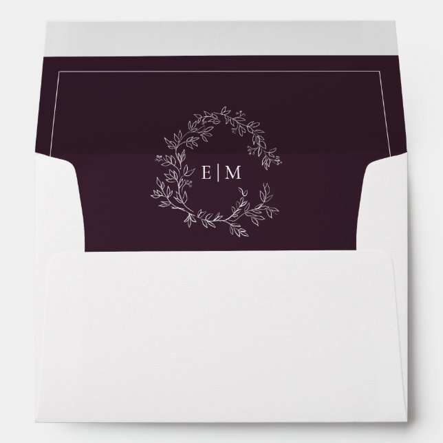 Modern Plum Purple Leafy Crest Monogram Wedding Envelope (Back (Bottom))