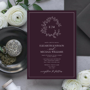 Modern Plum Purple Leafy Crest Monogram Wedding Invitation