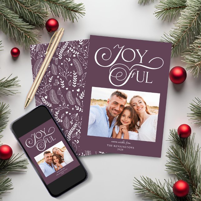 Modern Plum Purple Pattern Joyful Holiday Photo (Modern Plum Purple Pattern Joyful Holiday Photo Christmas Card)