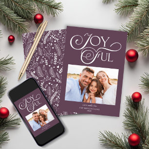 Modern Plum Purple Pattern Joyful Holiday Photo Card