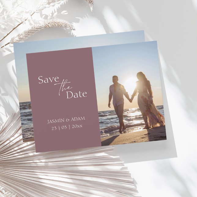 Modern Plum Purple Photo Save the Date Postcard (Creator Uploaded)