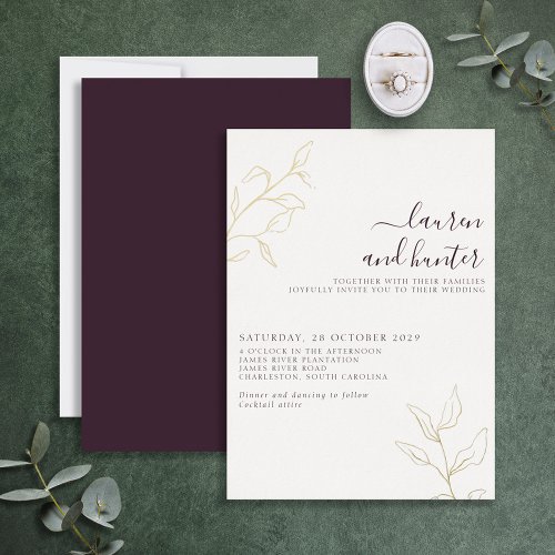 Modern Plum Purple Script Botanical Wedding Gold  Foil Invitation