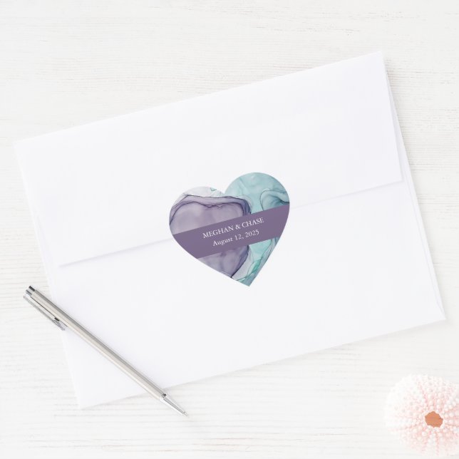 Modern Plum Purple Teal Alcohol Ink Wedding  Heart Sticker (Envelope)