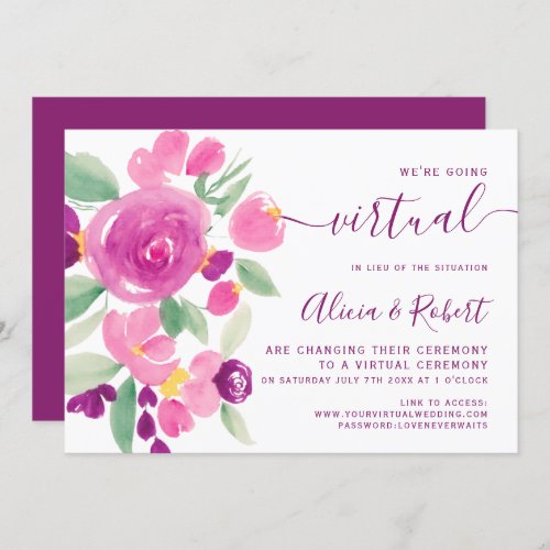 Modern plum purple watercolor virtual wedding invitation