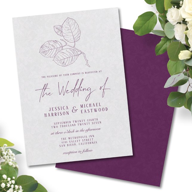 Modern Plum Silver Gray Botanical Elegant Wedding Invitation (Creator Uploaded)