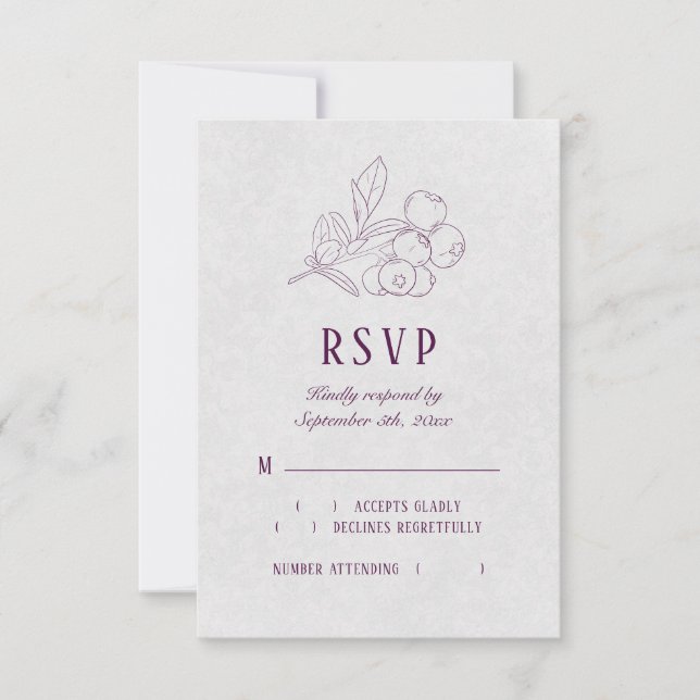 Modern Plum Silver Gray Botanical Elegant Wedding RSVP Card (Front)