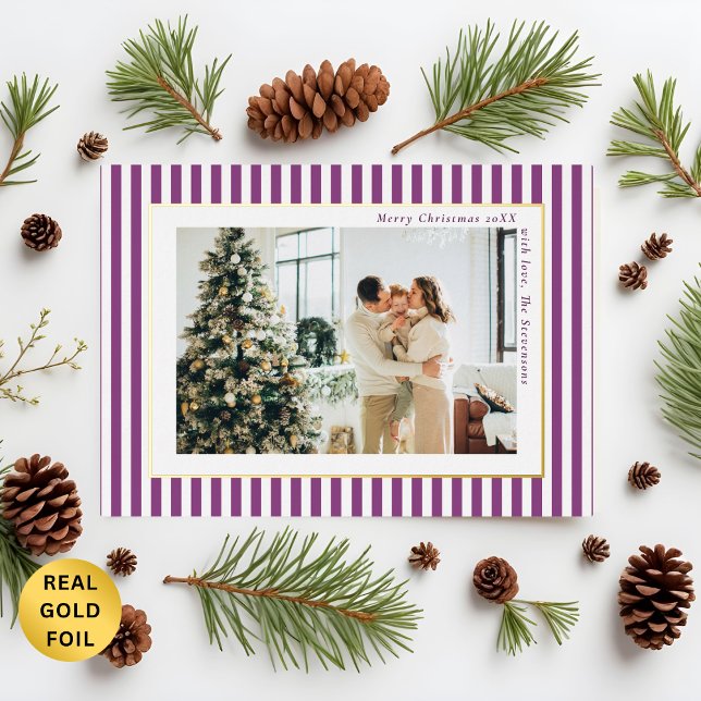 Modern Plum Stripes Photo Christmas Gold Foil Holiday Card (Creator Uploaded)
