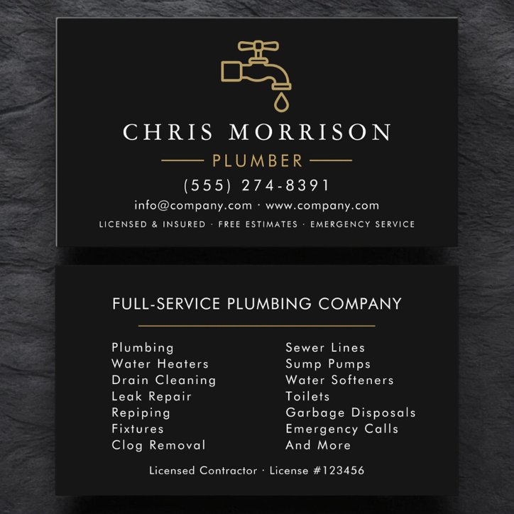 Modern Plumber Black Gold Minimalist Business Card