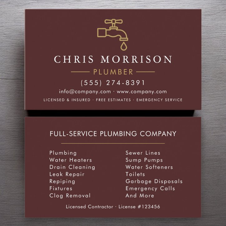 Modern Plumber Burgundy Gold Minimalist Business Card