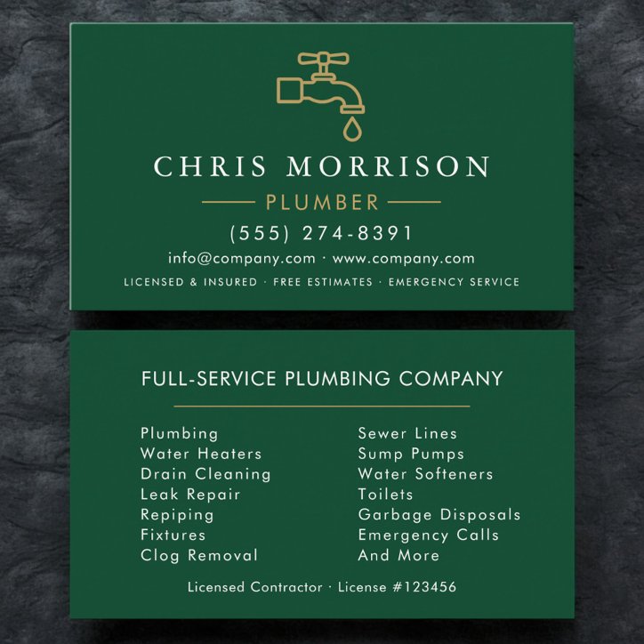 Modern Plumber Green Gold Minimalist Business Card