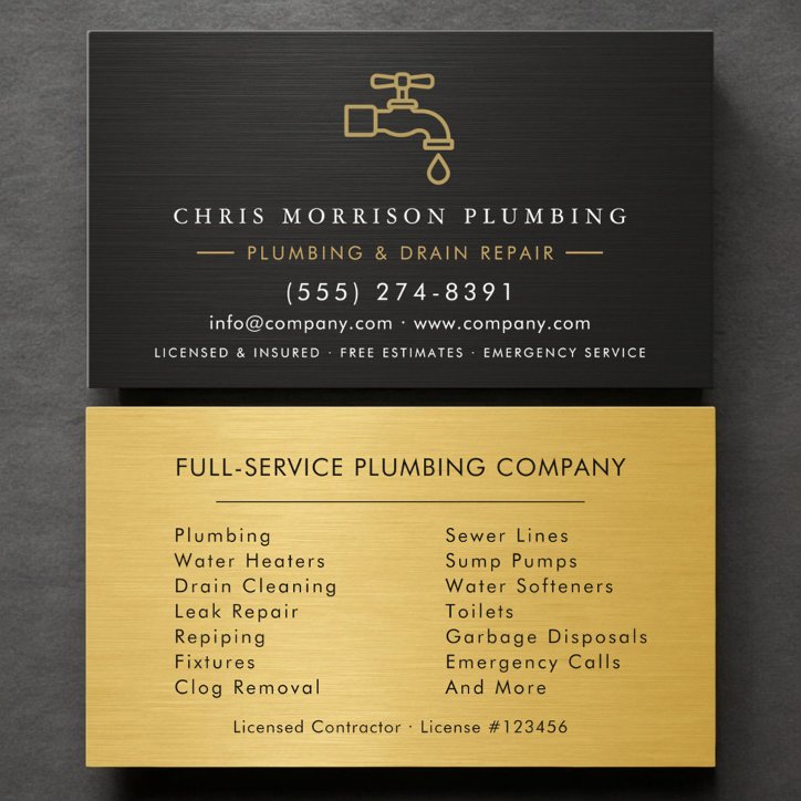 Modern Plumber Metallic Black Gold Business Card
