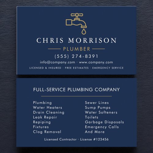 Modern Plumber Navy Blue Gold Minimalist Business Card
