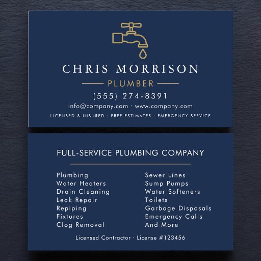 Customizable Modern Plumber Navy Blue Gold Minimalist Business Card