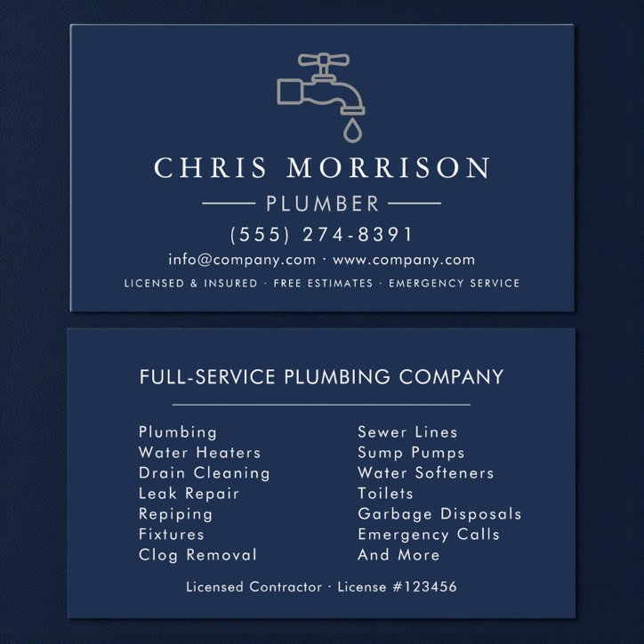 Modern Plumber Navy Blue Silver Minimalist Business Card