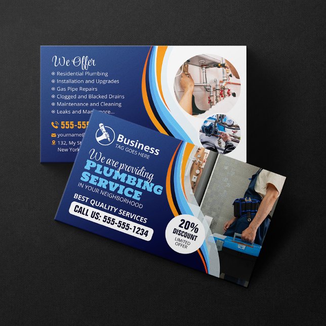 Modern Plumber Plumbing Installation Blue Orange Business Card (Creator Uploaded)