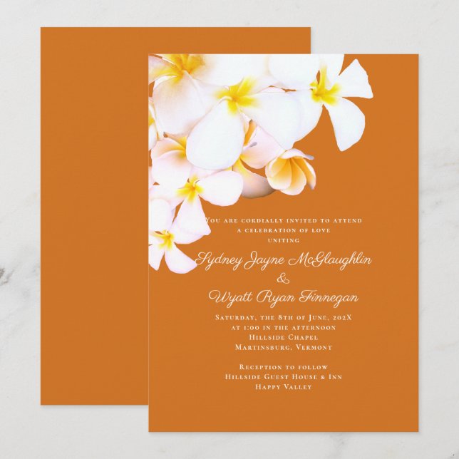 Modern Plumeria Hawaiian Flowers Orange Wedding Invitation (Front/Back)