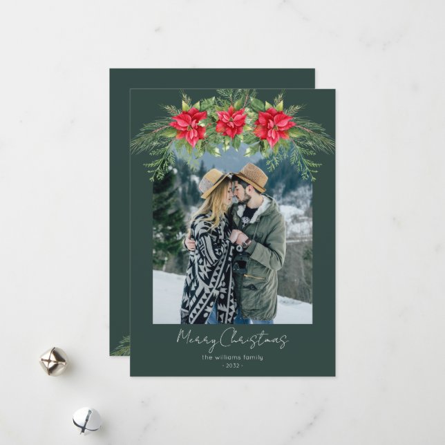 Modern Poinsettia Arch 1 Photo Merry Christmas Holiday Card (Front/Back In Situ)