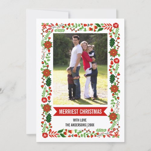 Modern poinsettia border Christmas photo Holiday Card