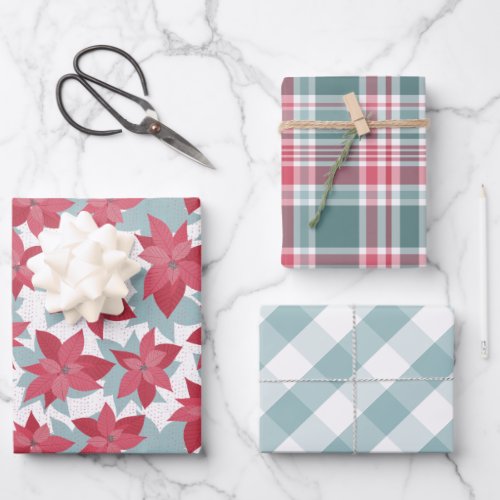 Modern Poinsettia Buffalo Check  Plaid  Wrapping Paper Sheets