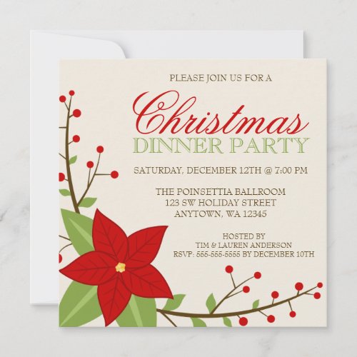 Modern Poinsettia Christmas Holiday Dinner Party Custom Invitation