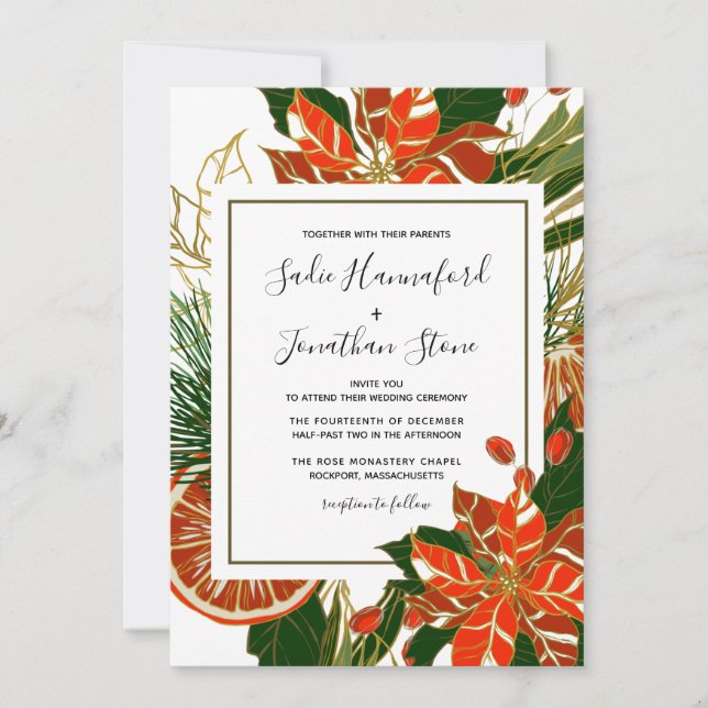 Modern Poinsettia Citrus Gold Winter Wedding Invitation (Front)