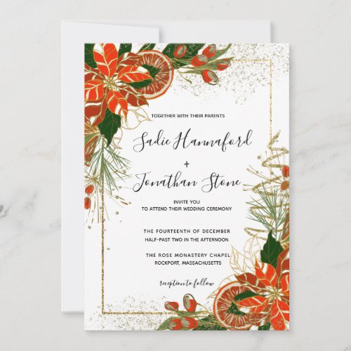 Modern Poinsettia Citrus Winter Wedding Invitation