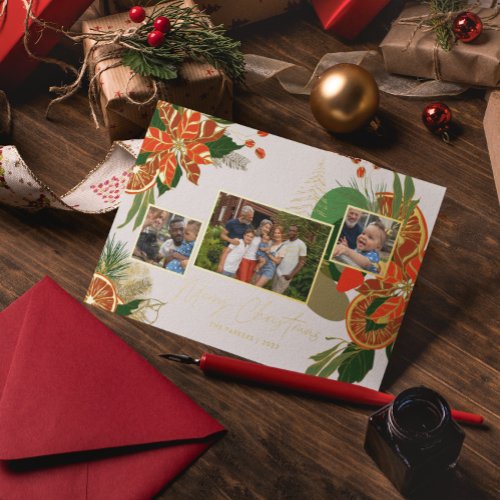 Modern Poinsettia  Greenery  Christmas Photo   Foil Holiday Card