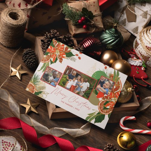 Modern Poinsettia  Greenery  Christmas Photo   Holiday Card