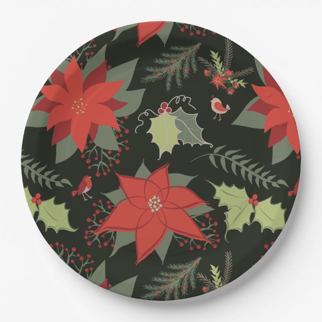 Modern Poinsettia Holly Christmas  Paper Plates (Front)